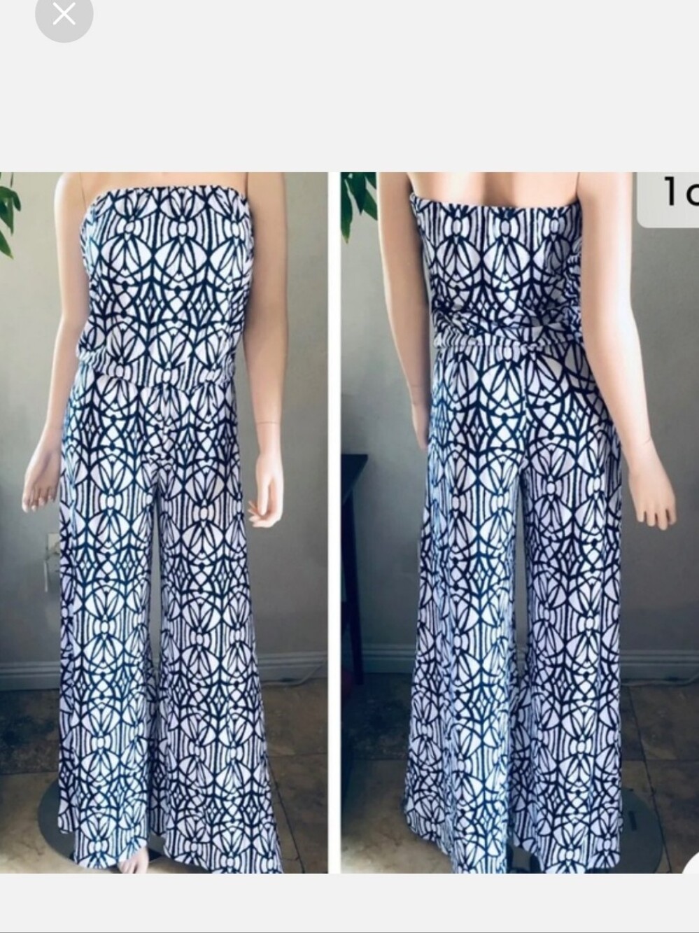 Tart Strapless Navy & White Geometric Wide-Leg Jumpsuit EUC